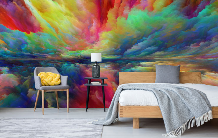 rainbow clouds wall mural in modern bedroom