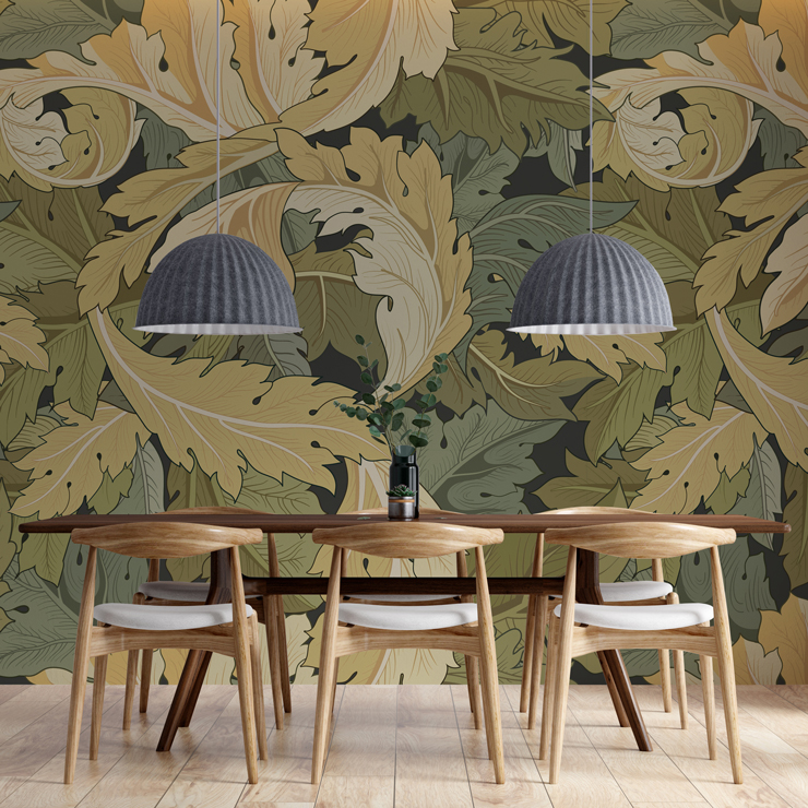 william morris wallpaper mural in dark dining room