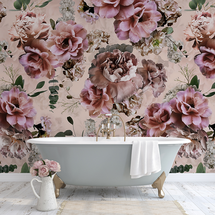 whimsical pink floral wallpaper in bathroom
