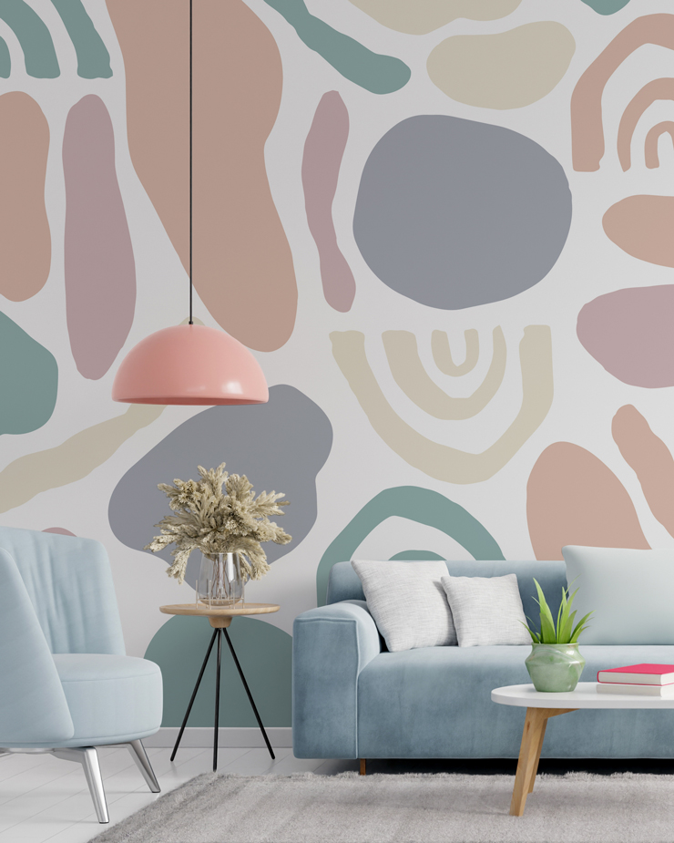 whimsical wallpaper with pastel shapes in living room
