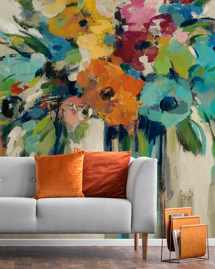 rainbow floral mural in vibrant living room