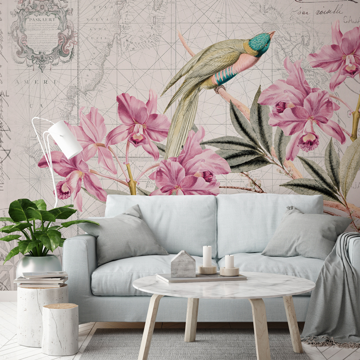 whimsical wallpaper in living room
