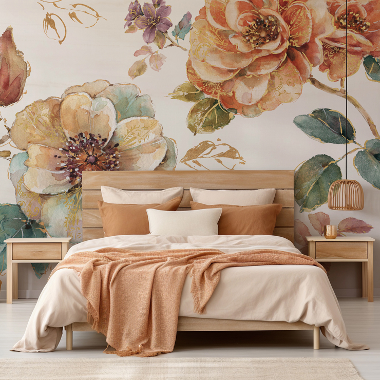 botanical mural in modern cozy bedroom