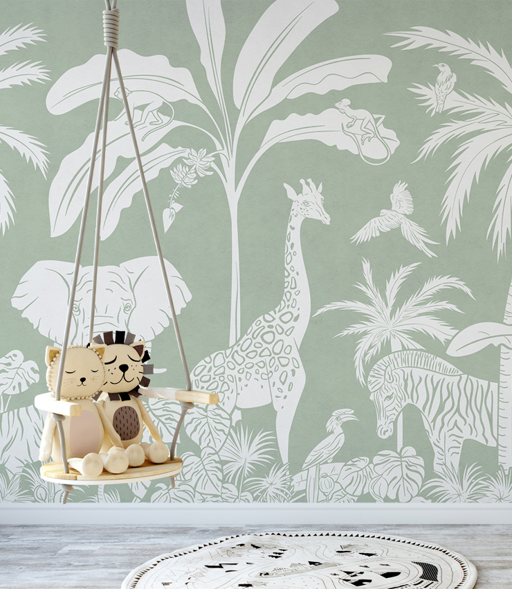 kids jungle mural with animals in playroom