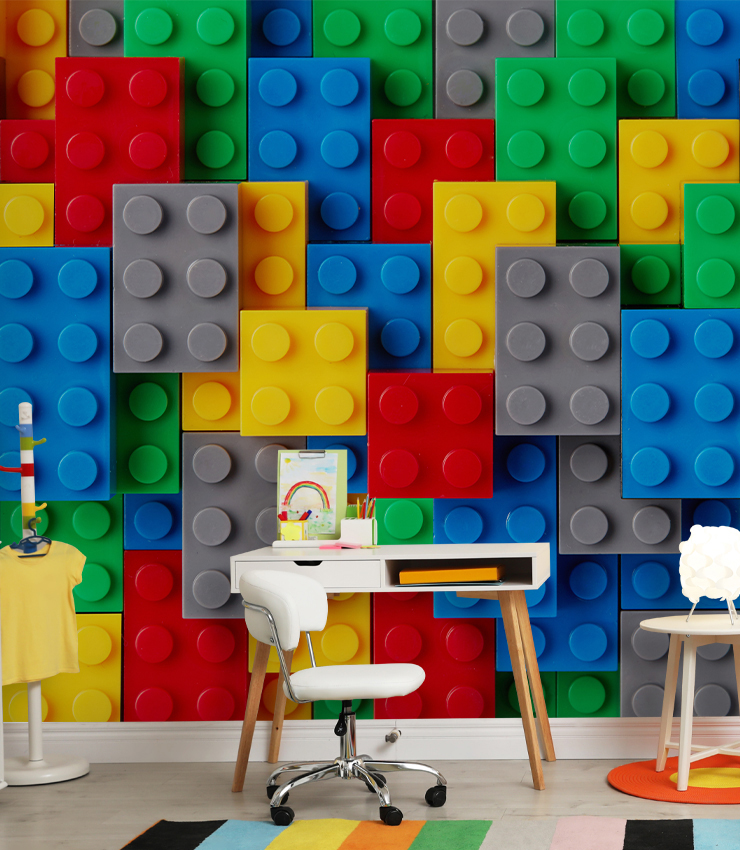 Toy brick wall mural in play room