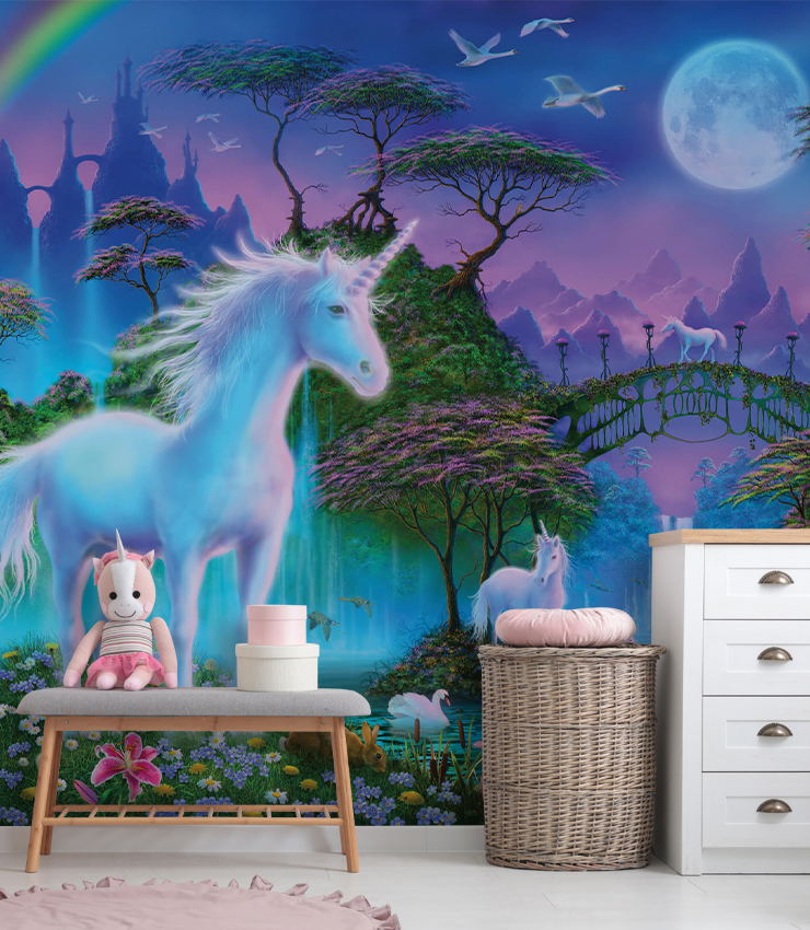 Magical unicorn wallpaper in girls playroom